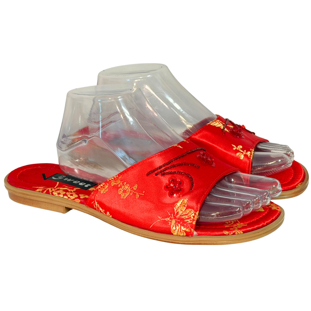 Sweet brand Sz 10 Slide Sandals Beaded Strap Oriental Brocade Red & Gold Vtg Y2K
